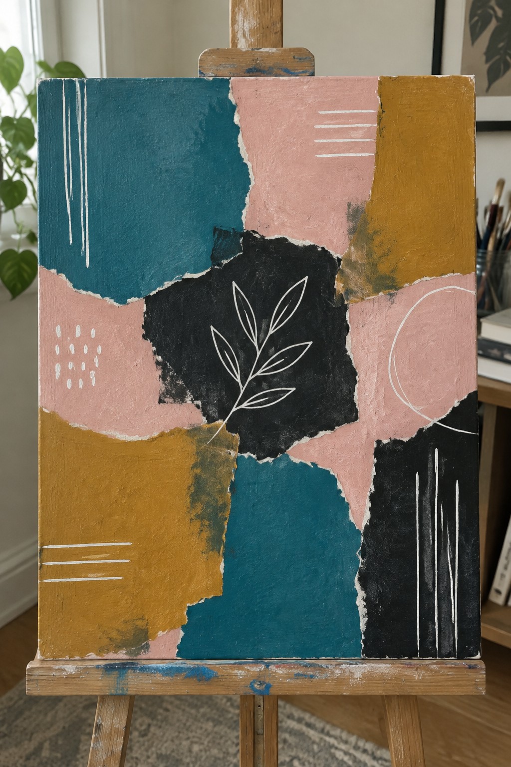 Abstract painting with torn teal, pink, mustard, and black shapes plus leaf on easel
