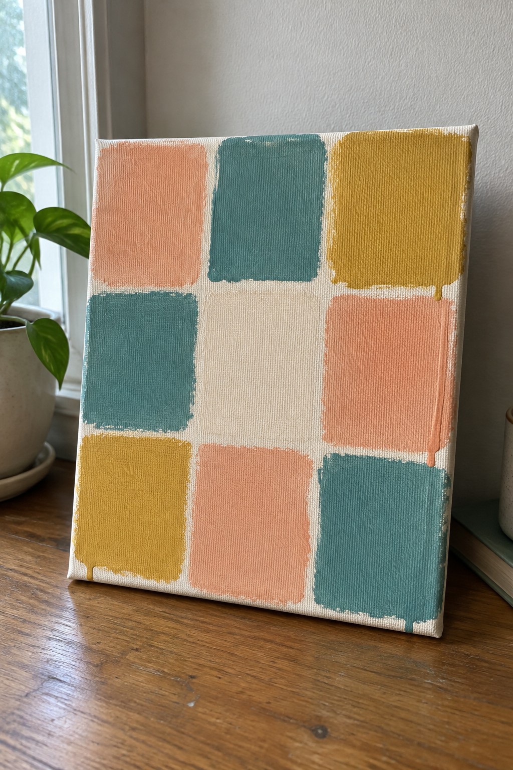 Abstract painting with peach, teal, and yellow squares on wooden table near plant
