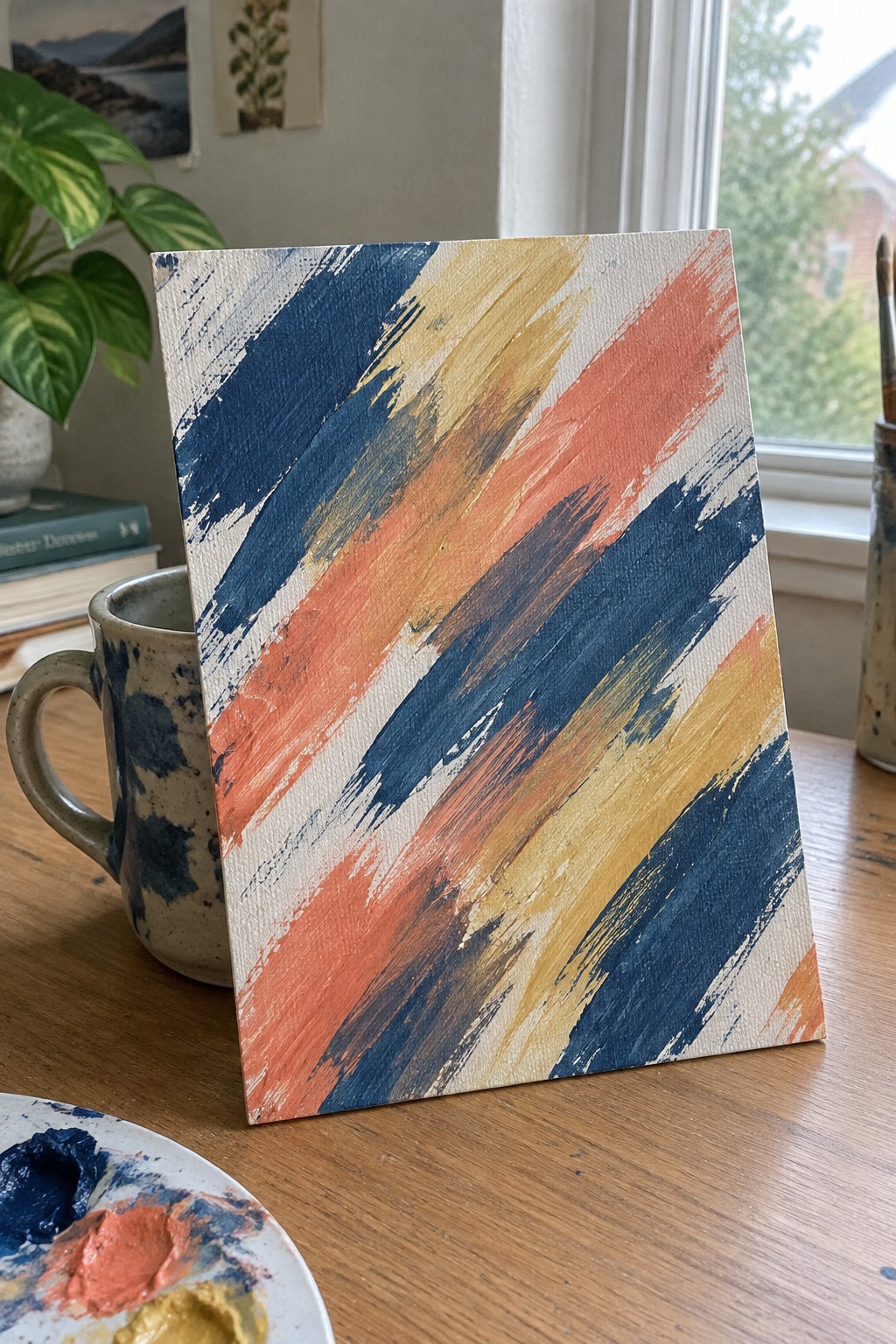 Abstract canvas with blue, orange, and yellow brushstrokes beside mug and palette on table