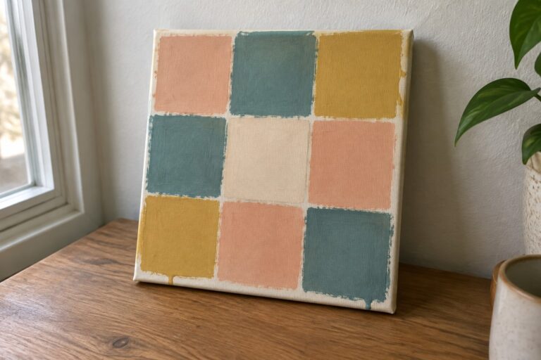 Abstract painting with peach, teal, and yellow squares on wooden table near plant