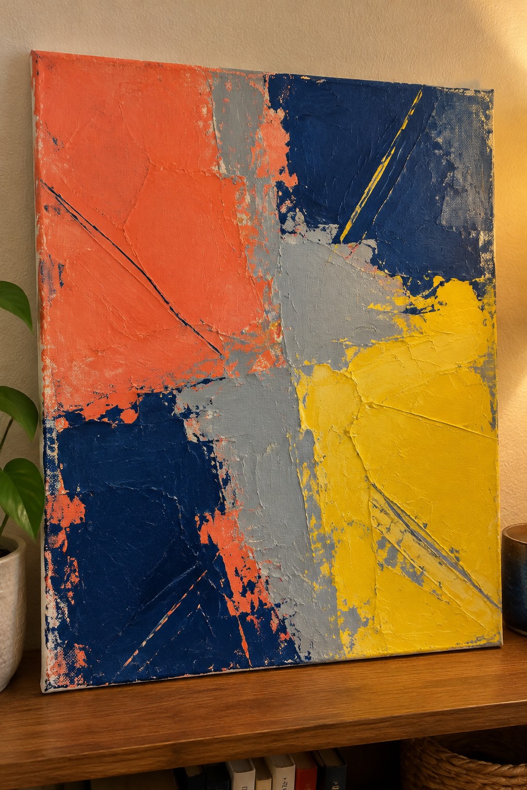 Abstract impasto painting with bold orange, blue, yellow, and gray brushstrokes on wooden shelf