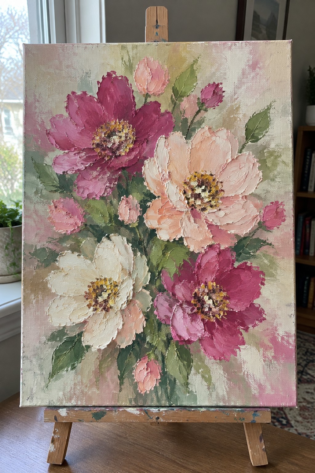 Thick impasto painting of pink, peach and white peonies on wooden easel