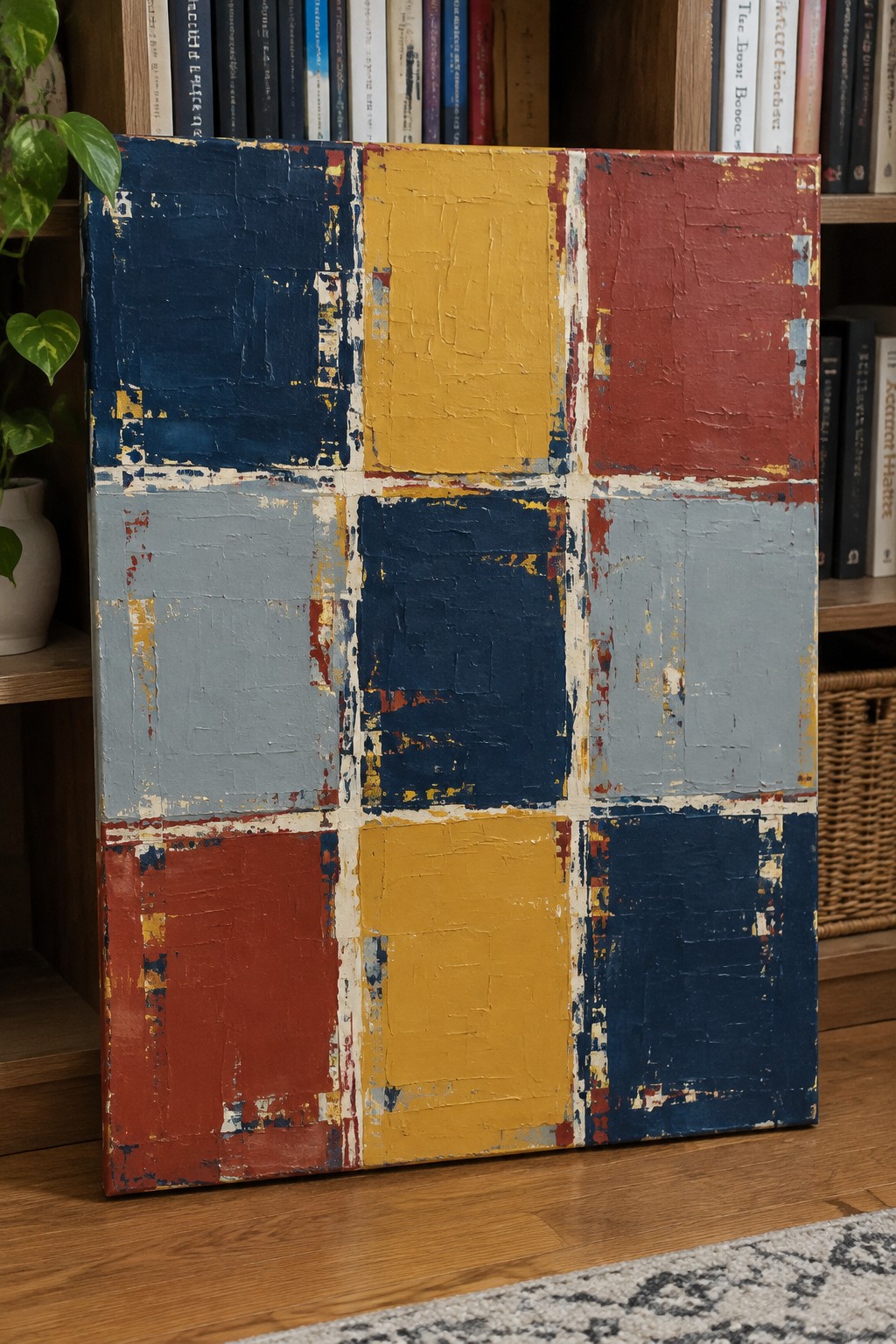 Colorful distressed grid painting leaning against wooden bookshelf with books