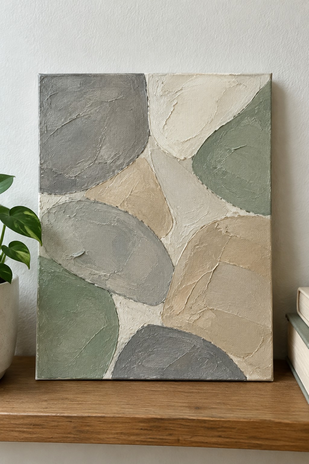 Abstract painting with gray, beige, and green shapes on shelf beside plant and books