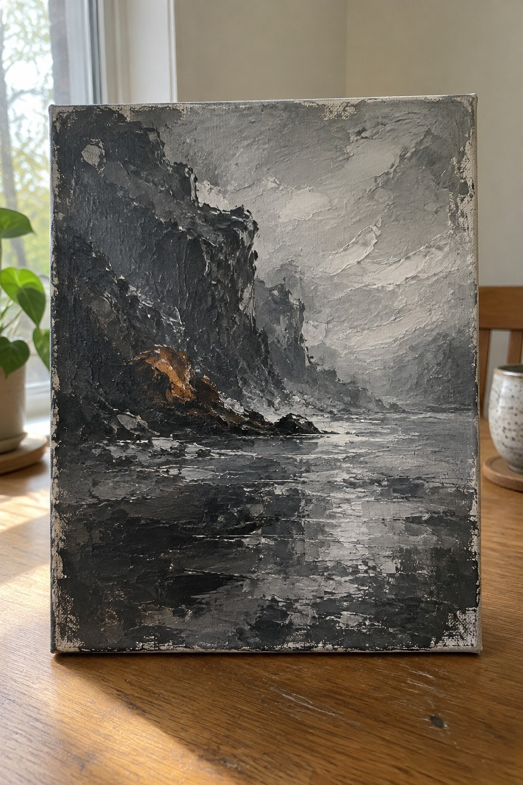 Thickly textured painting of dark rocky cliffs against a stormy gray sea on wood table