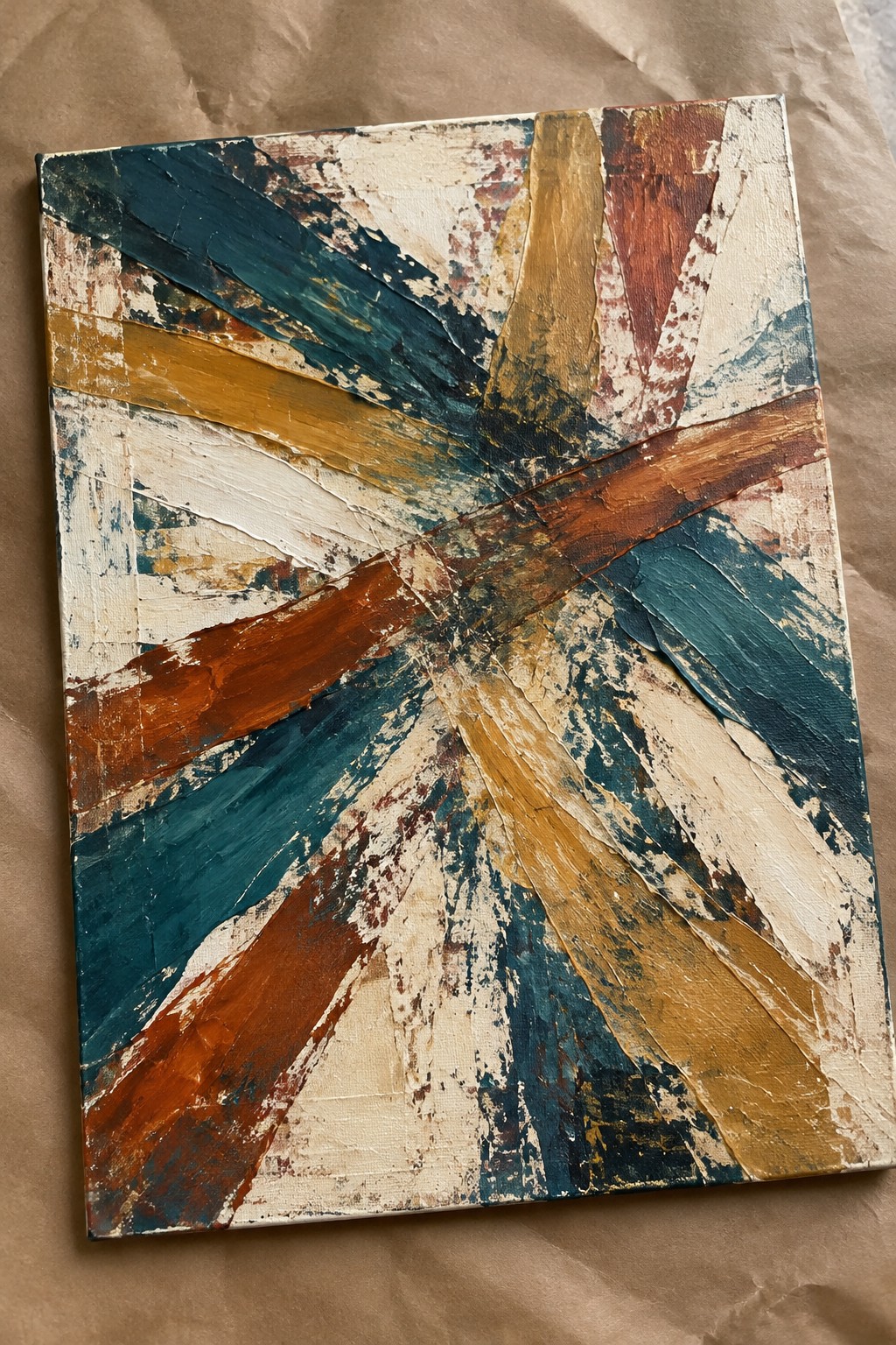 Abstract painting with thick impasto strokes in teal, brown, white and gold radiating outward.