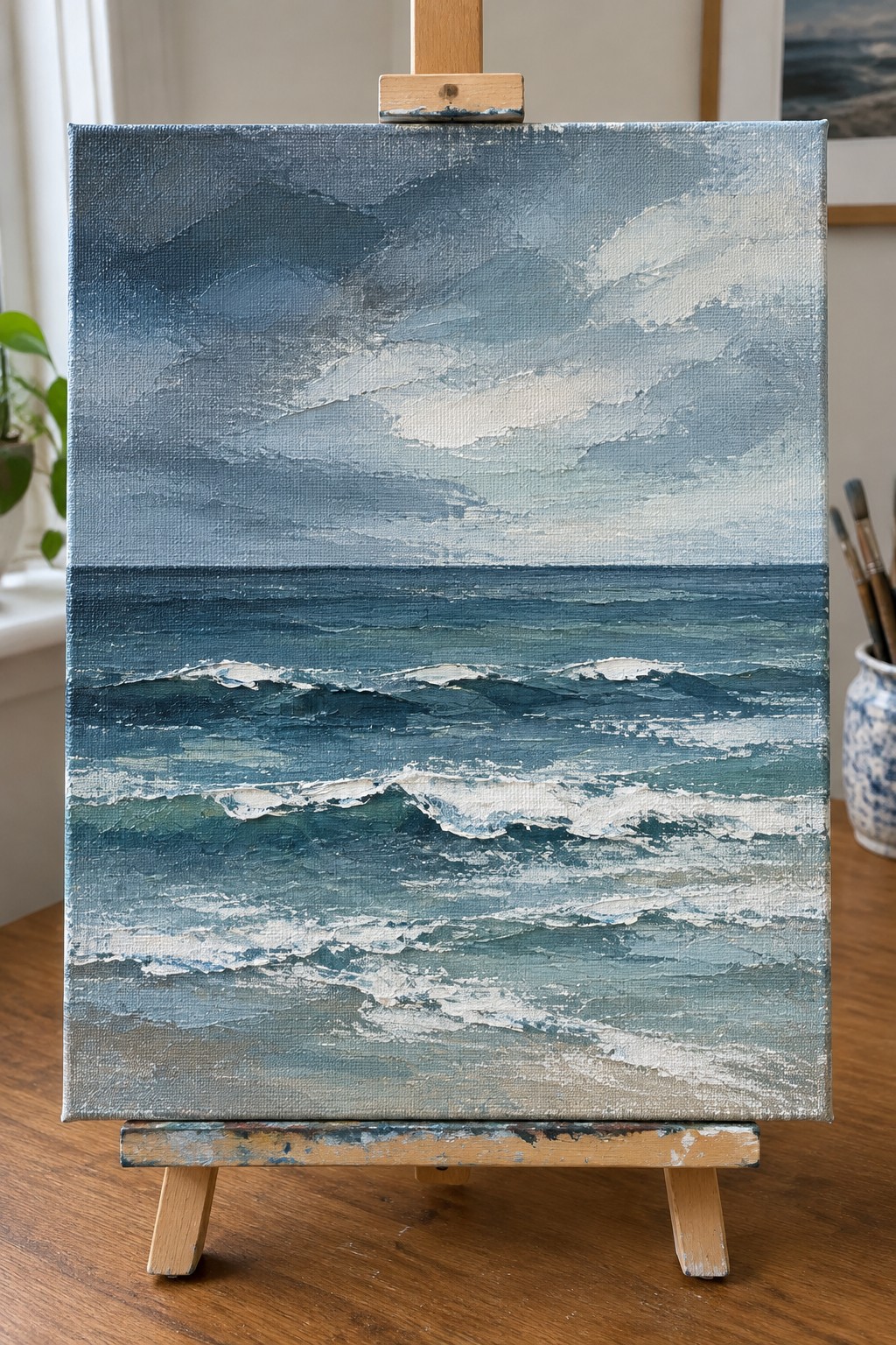 An acrylic painting of ocean waves with white foam crests under a cloudy blue-gray sky displayed on a wooden easel.