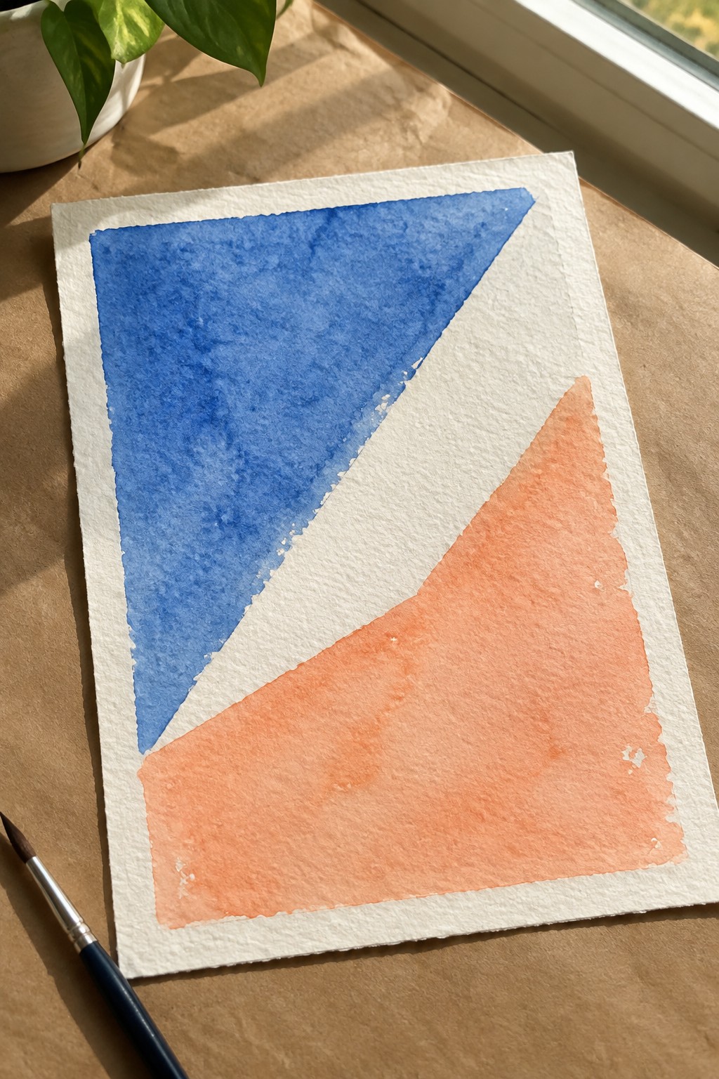 Watercolor painting with blue and orange triangles on white paper beside paintbrush