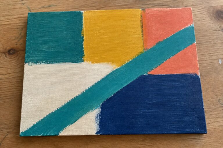 Abstract geometric painting with teal, yellow, red, blue blocks and white diagonal stripe.