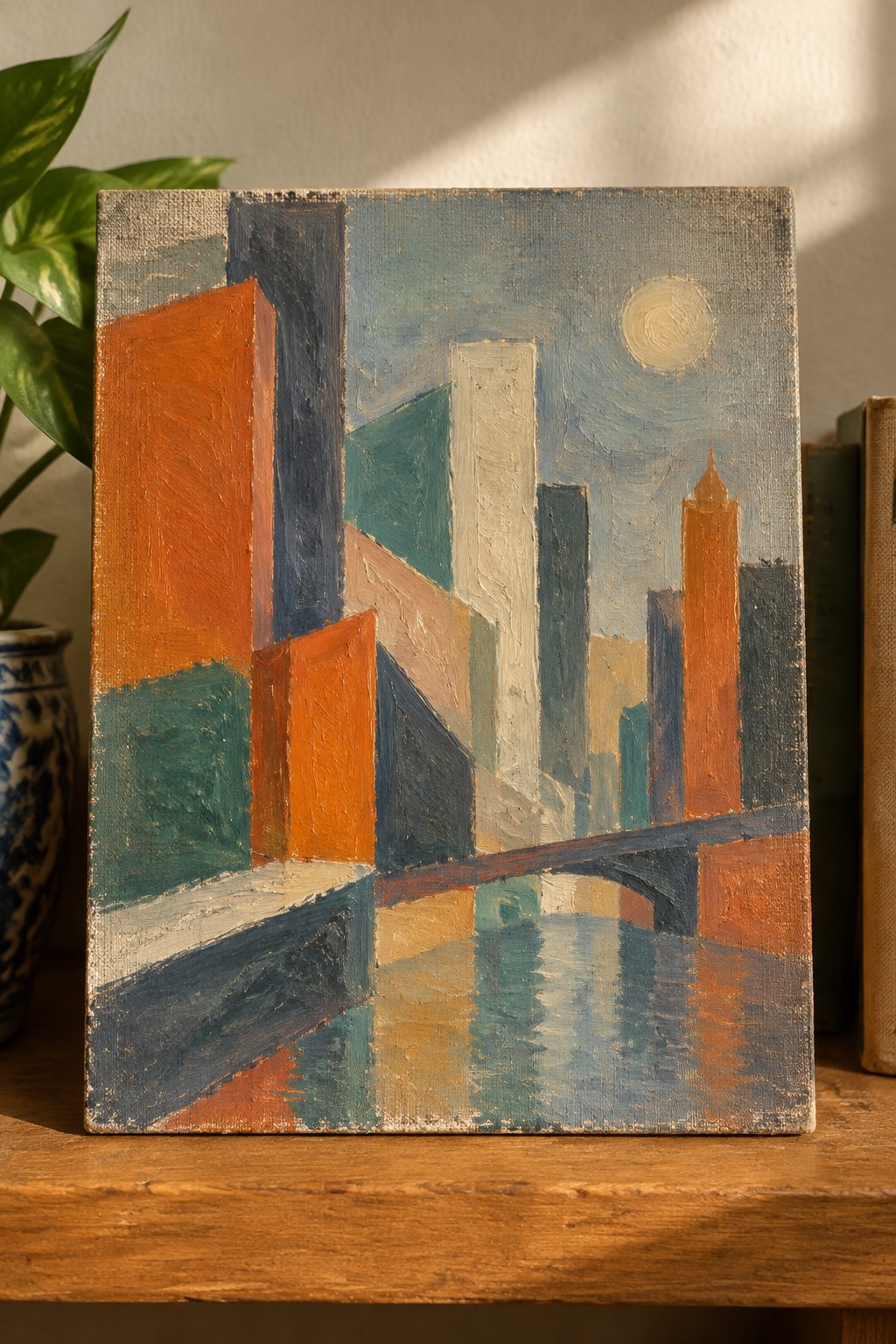 Abstract painting of geometric city buildings, bridge, and water under sun.
