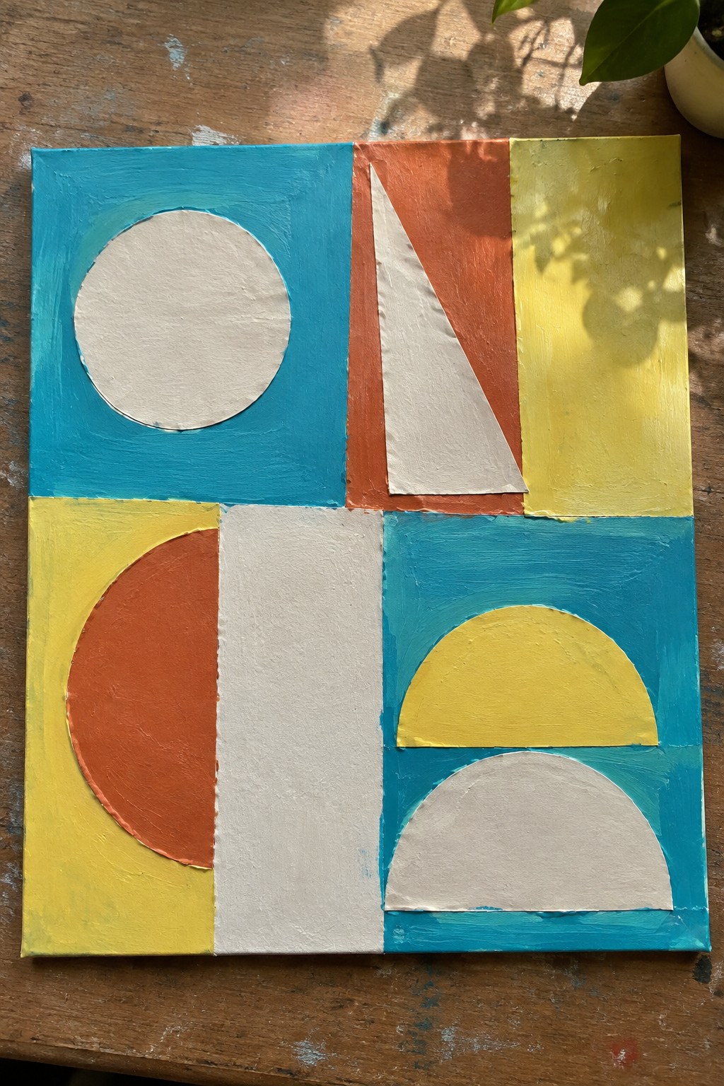 Abstract geometric painting with circles, triangles, semicircles in blue, yellow, orange, white