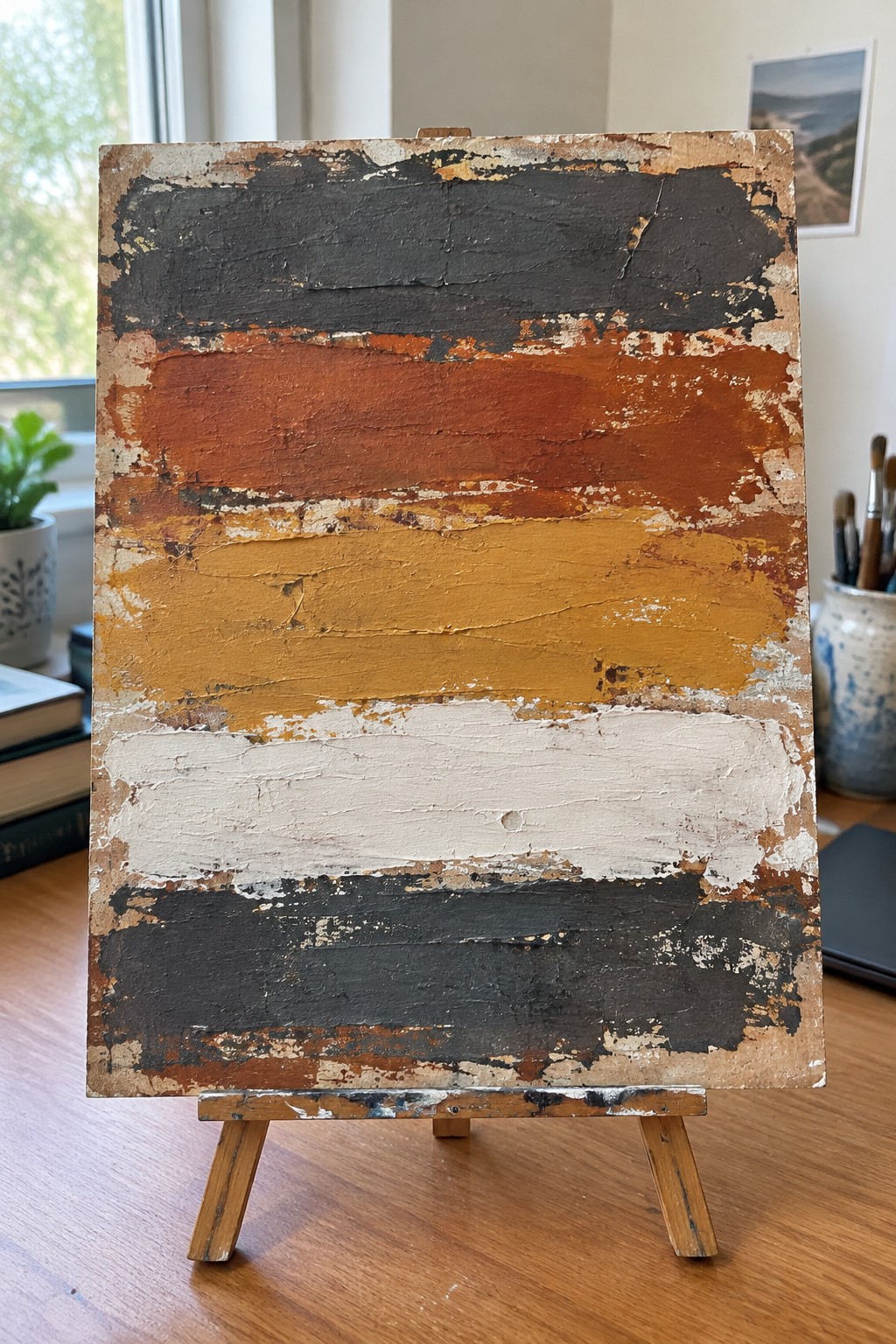 Abstract painting with thick horizontal bands of black, rust, ochre, and white on easel.
