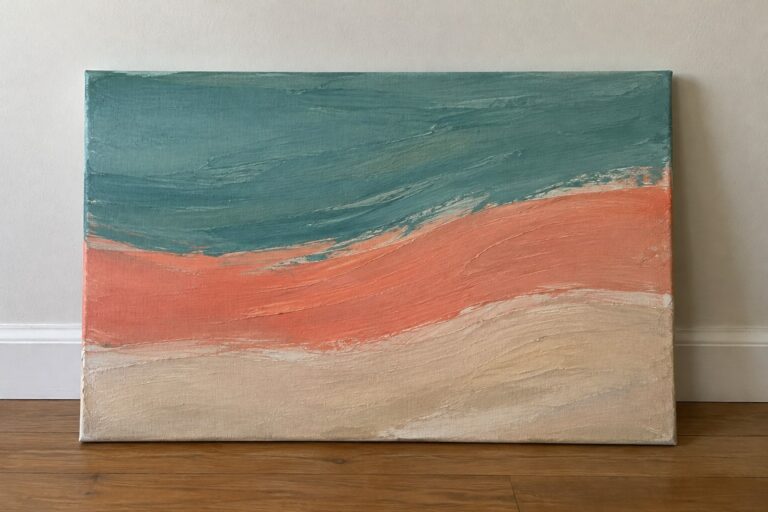 21 Horizontal Abstract Paintings Featuring Sweeping Color Bands Abstract painting with wavy teal, coral, and beige horizontal layers on canvas