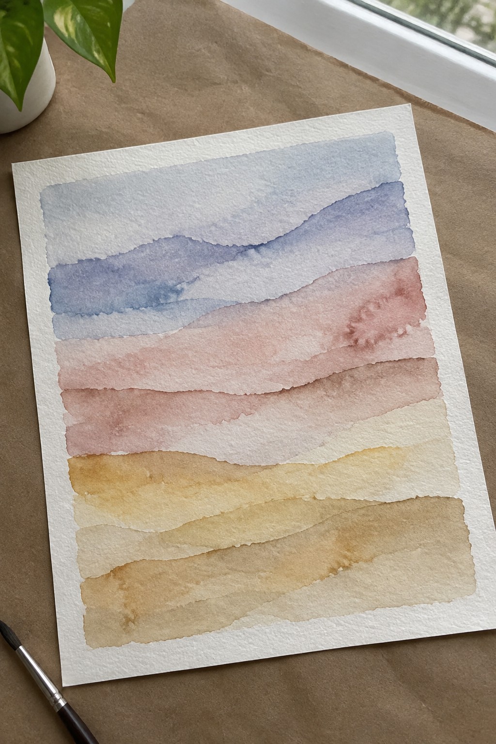 Watercolor painting with layered blue pink yellow and brown horizontal bands beside paintbrush and plant