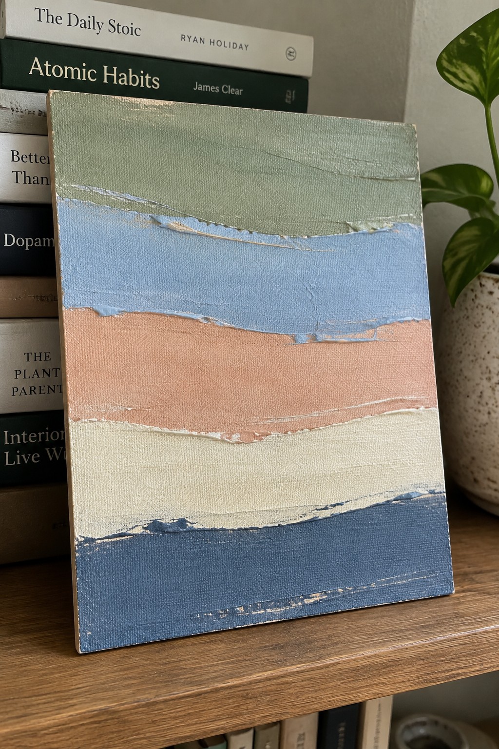 Abstract painting with green, blue, peach, and cream stripes against stacked books beside plant
