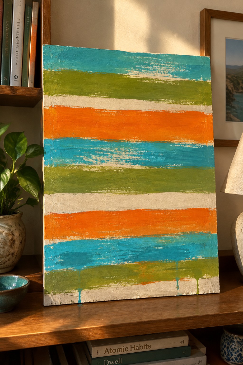 Striped abstract painting in teal green orange white with drips on wooden shelf