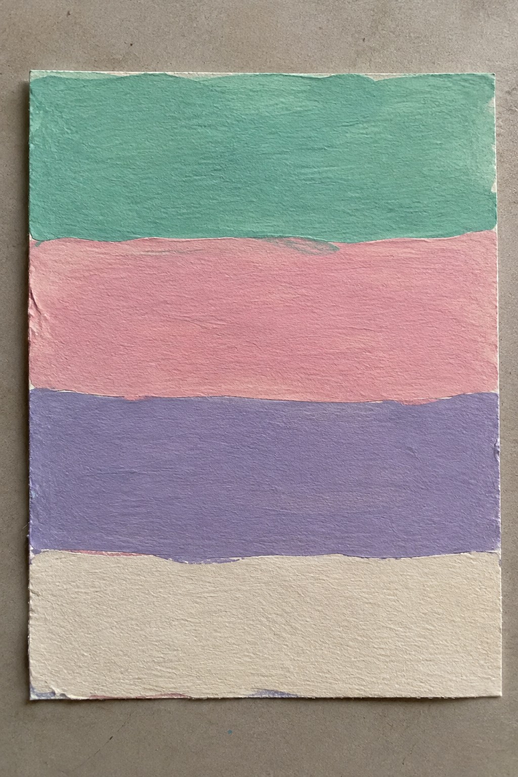 Abstract painting with horizontal bands of teal, pink, purple, and cream.