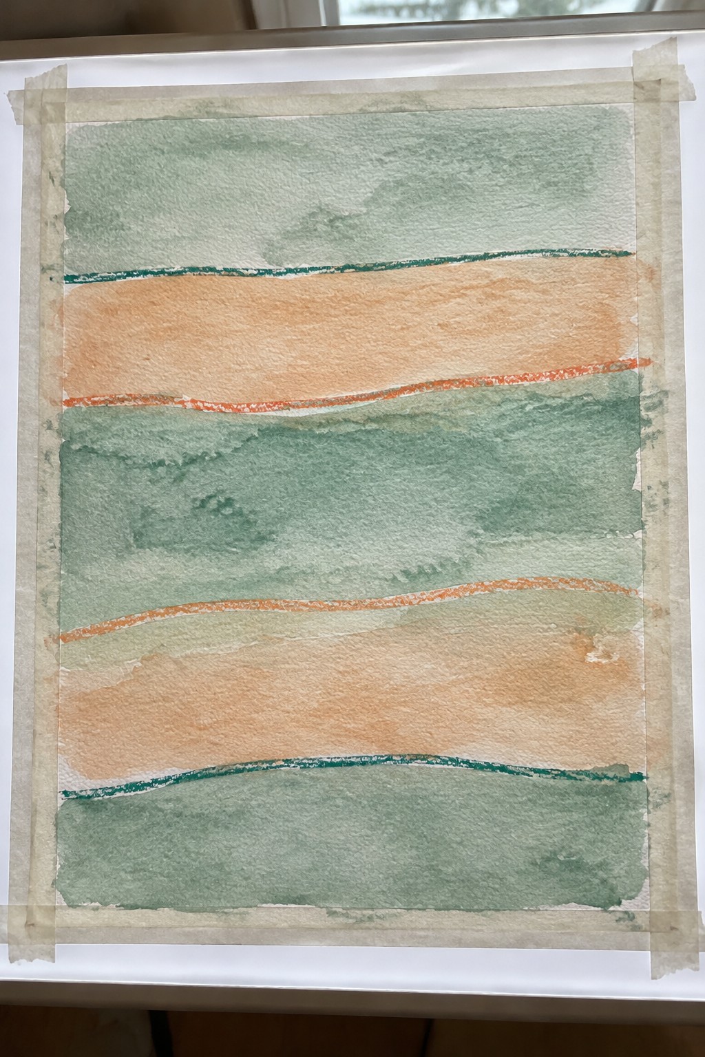 Abstract watercolor with green-orange horizontal bands, wavy teal and orange lines on taped paper.