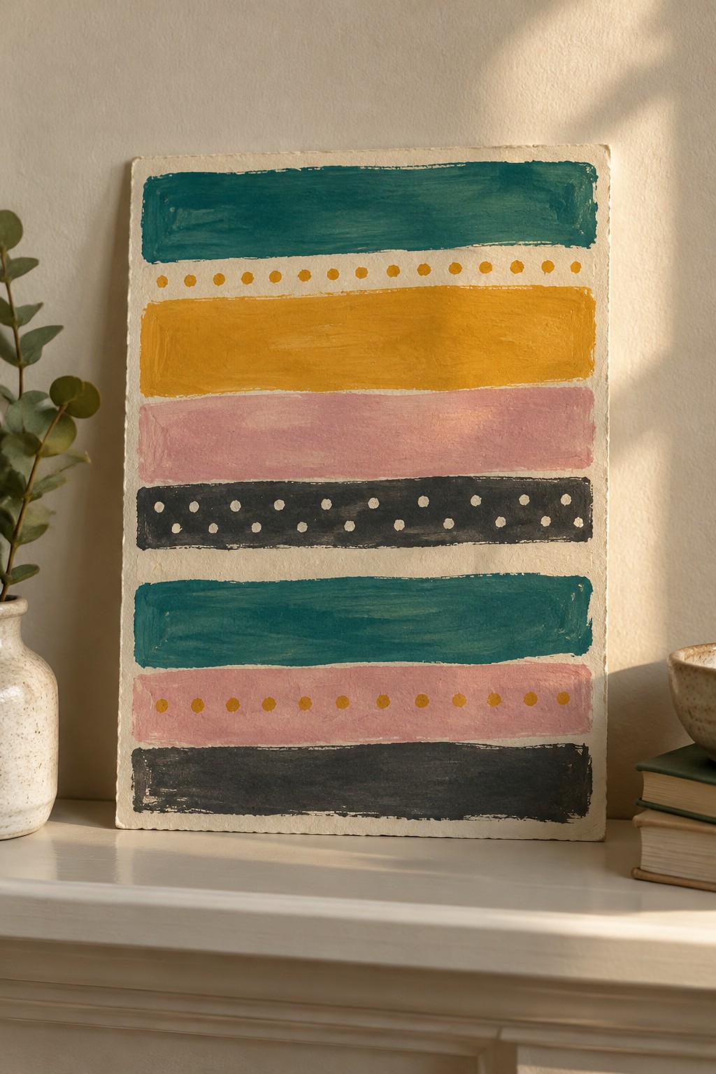 Colorful striped abstract painting on shelf beside eucalyptus vase and stacked books.