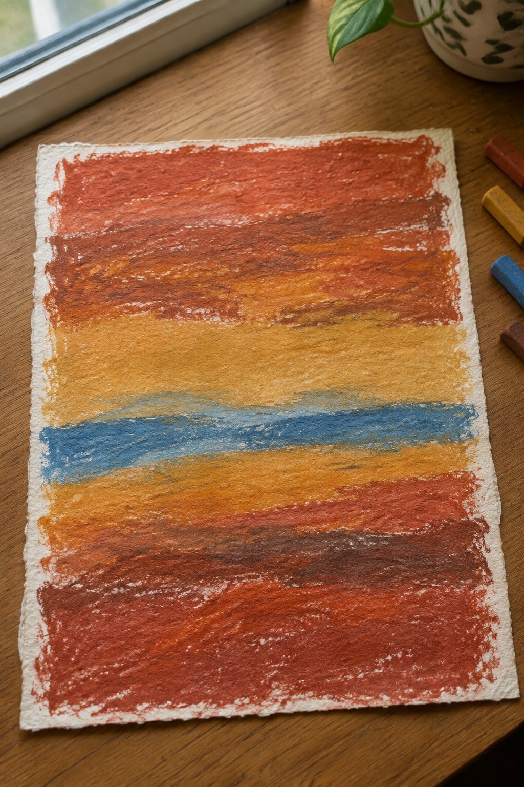 Layered colorful pastel landscape in red orange yellow blue on textured paper atop wooden table