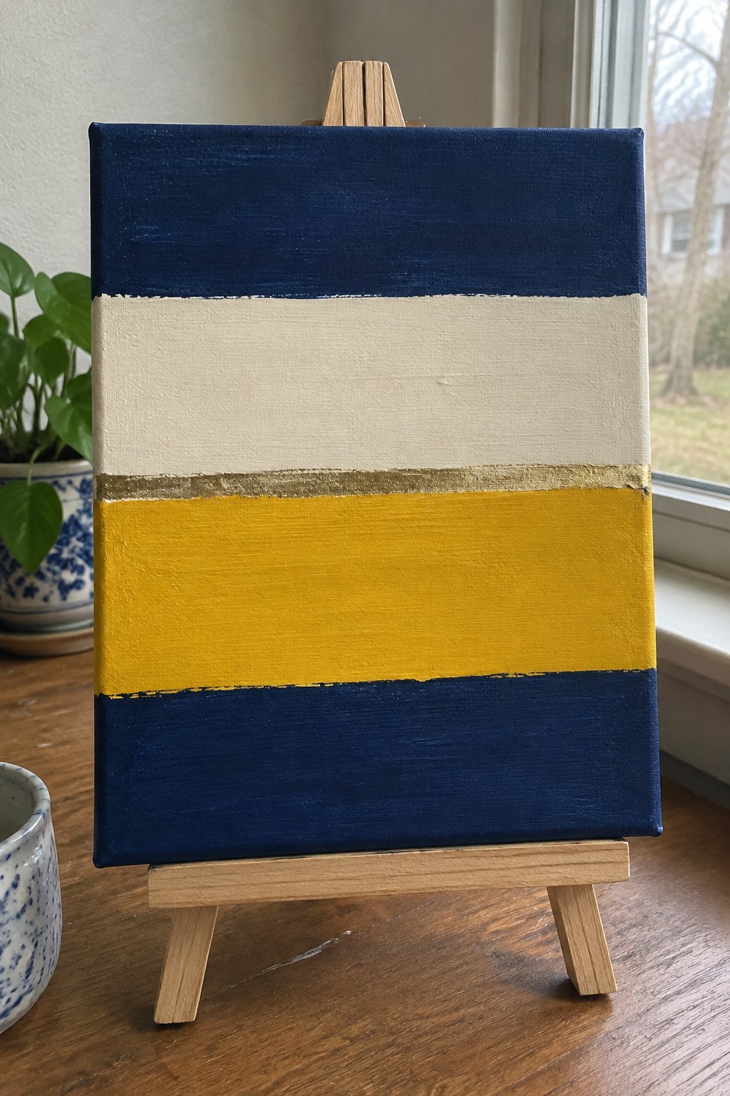 Abstract painting with navy blue, cream, gold, and yellow horizontal stripes on wooden easel.