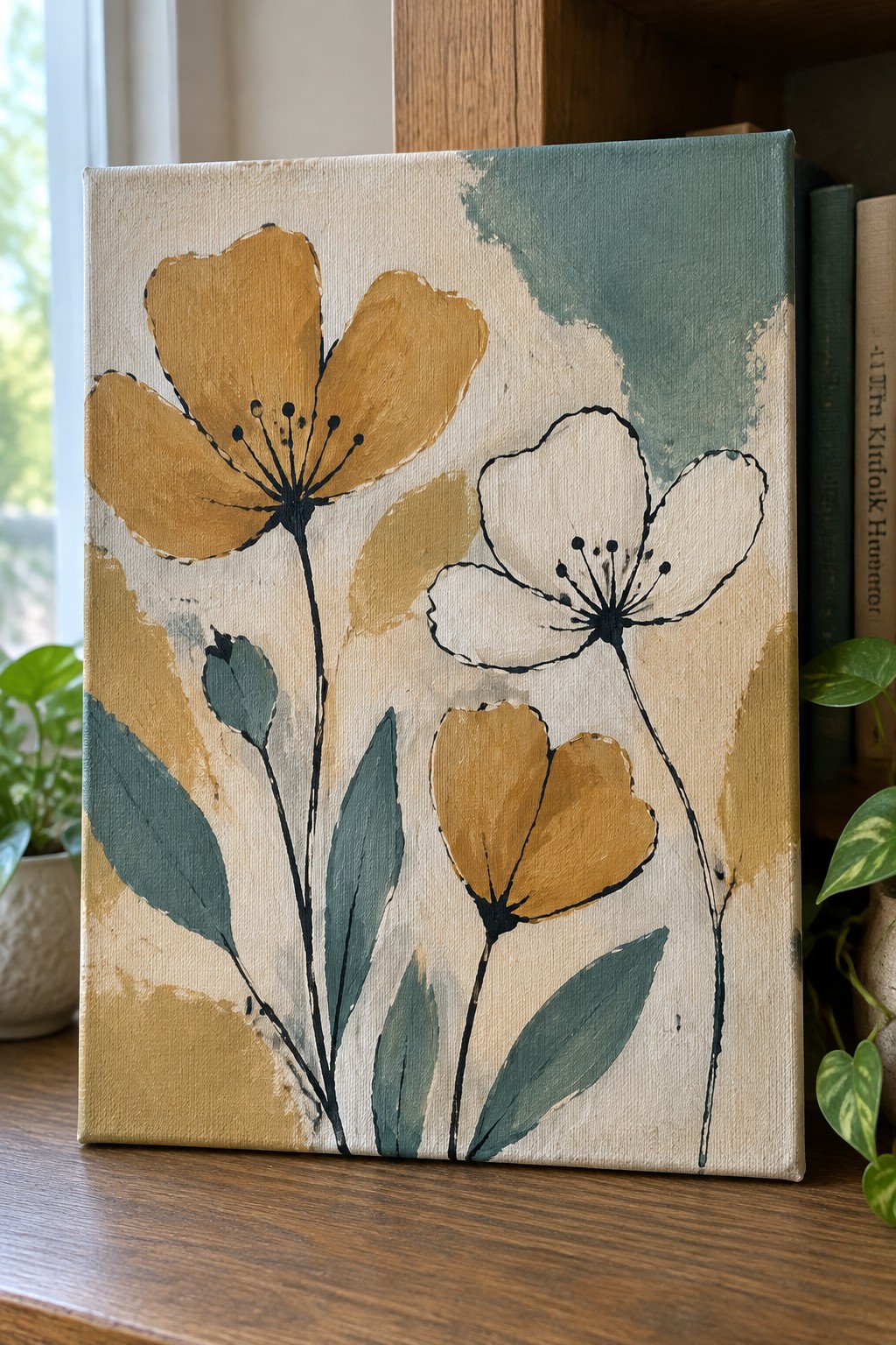 Abstract canvas painting of yellow, white flowers with teal leaves and stems