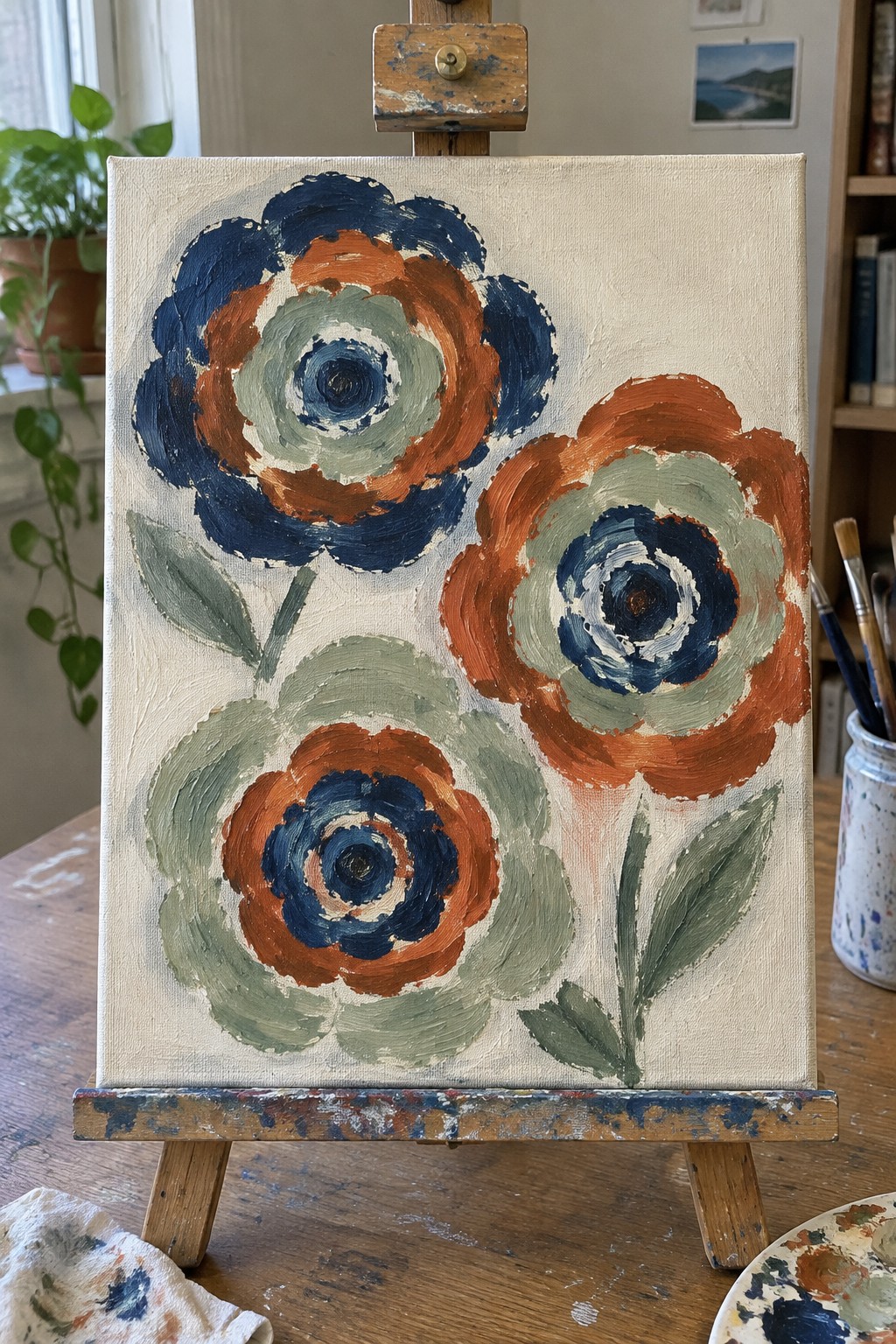 Stylized floral painting with three large blue, orange and green flowers on easel