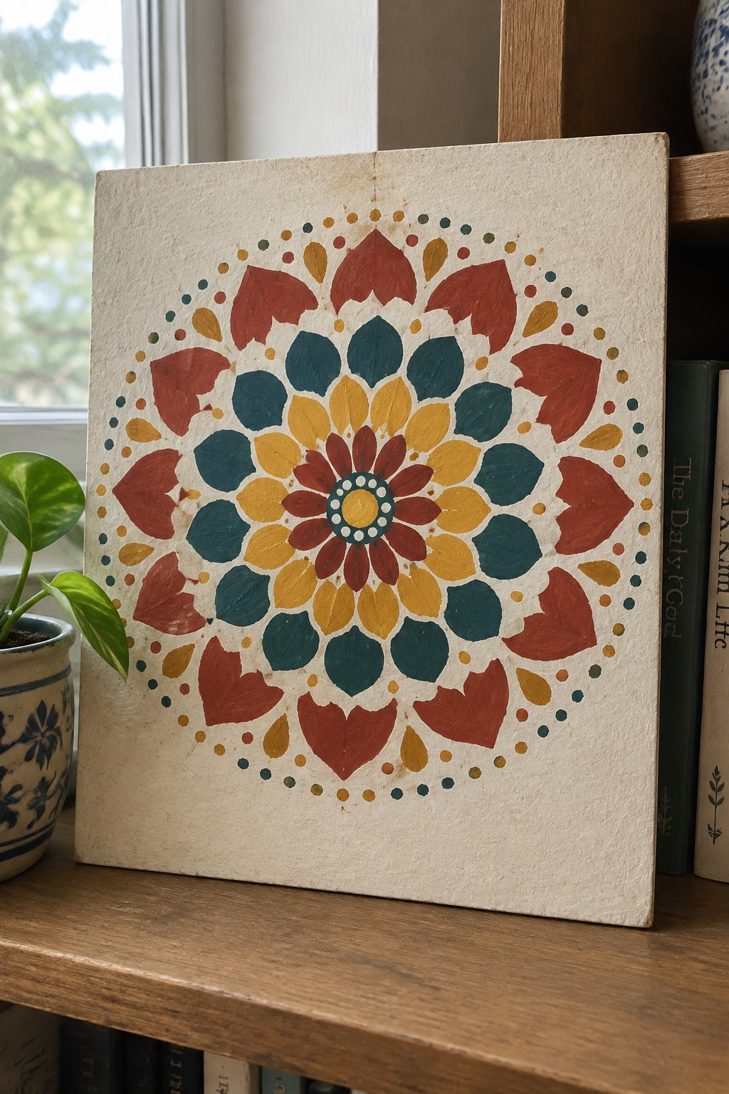 Colorful mandala with red, teal, yellow petals on square canvas beside books and plant