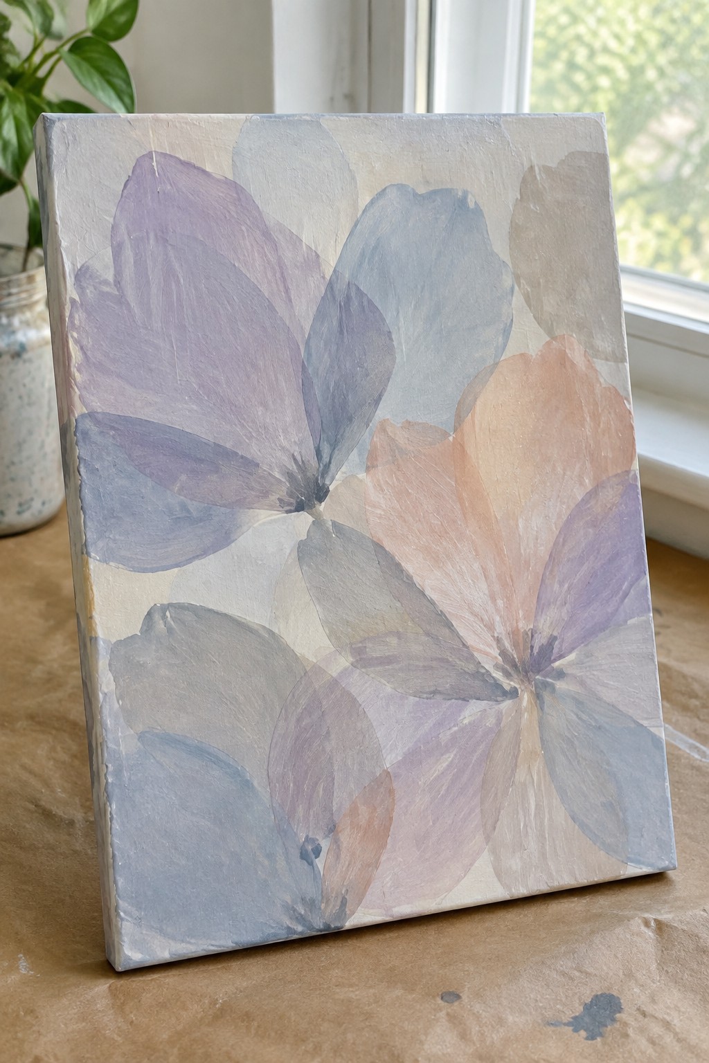 Abstract painting of large overlapping flowers in muted purple, blue, and peach on canvas