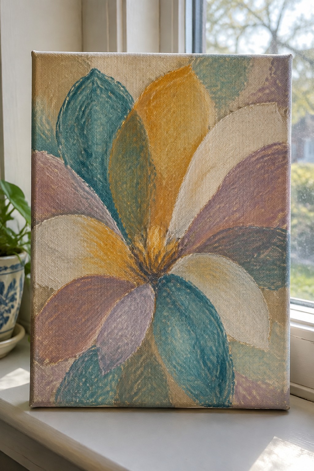 Vibrant flower painting with teal, yellow, white and purple petals on canvas