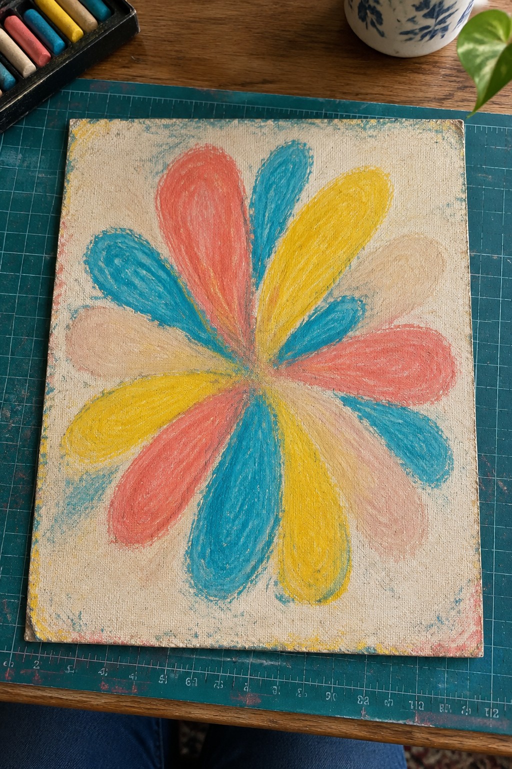 Colorful pastel flower with red, blue, yellow petals on canvas over green mat
