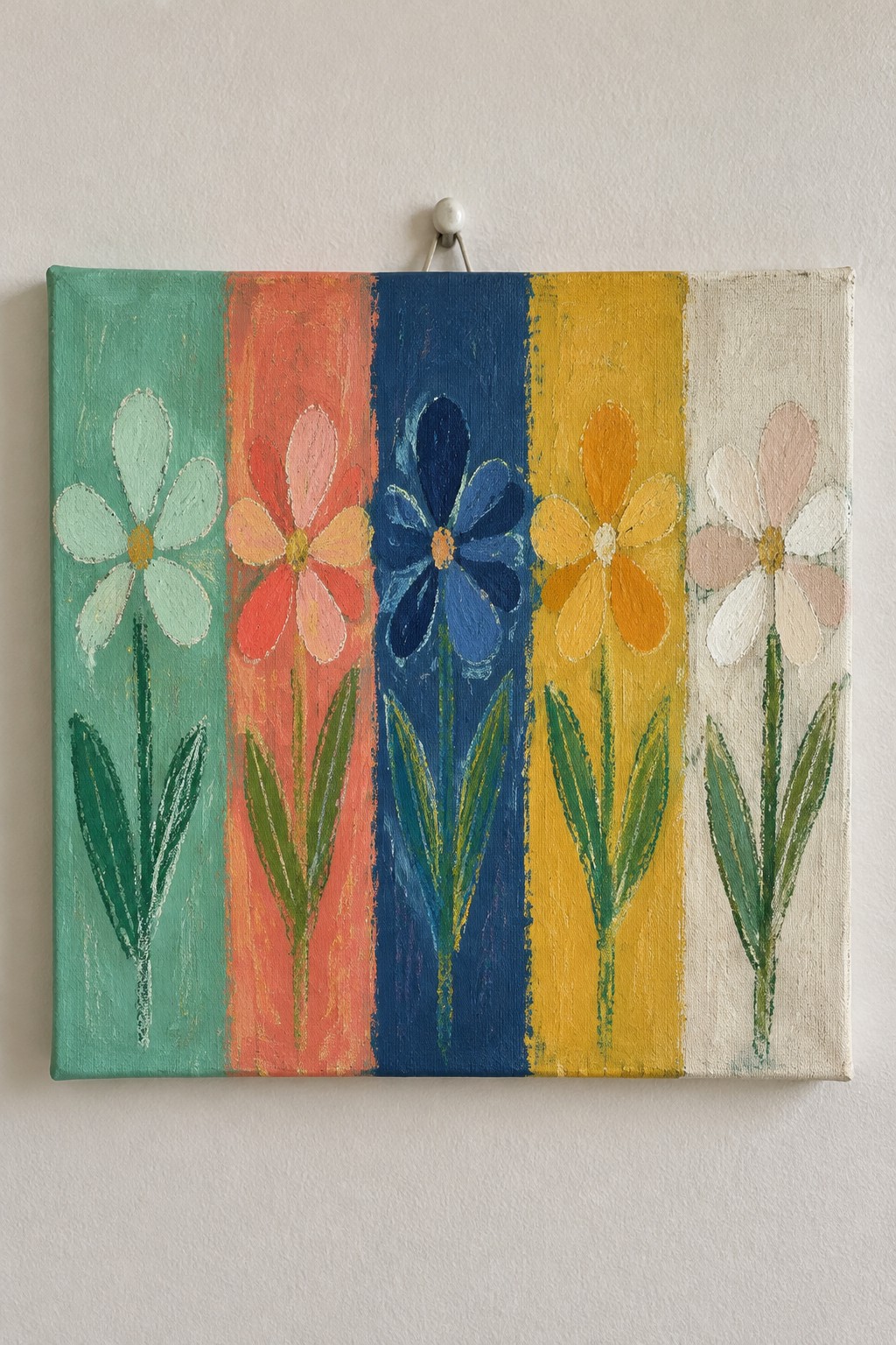 Five colorful flowers on vertical green, orange, blue, yellow, and white stripes.