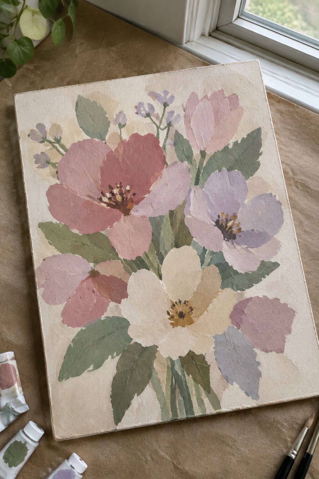 Canvas with pink purple cream flowers and green leaves beside paint tubes and brushes