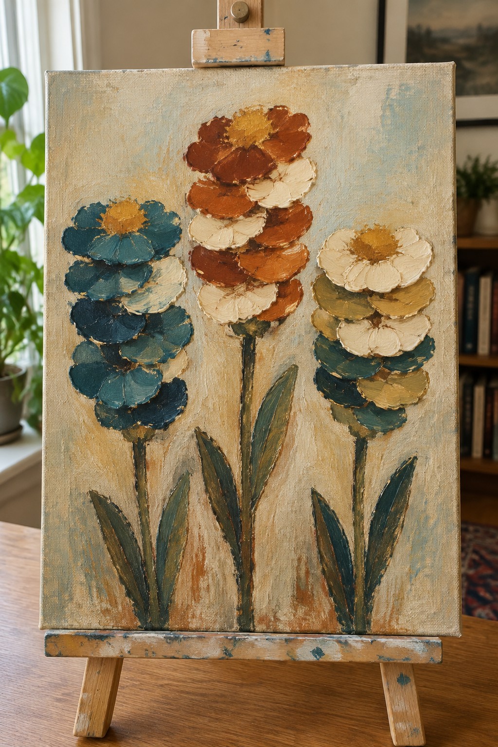Impasto painting of three stylized flowers in blue, orange, and white on easel