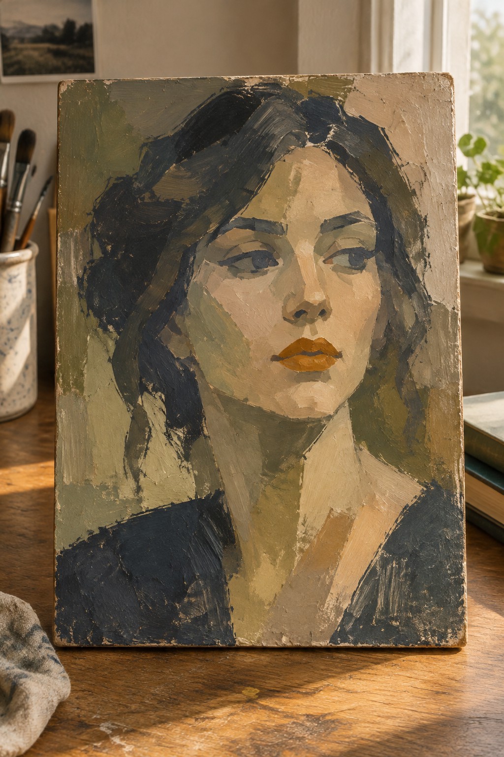 Impressionistic oil portrait of dark-haired woman with orange lips on wooden table with brushes