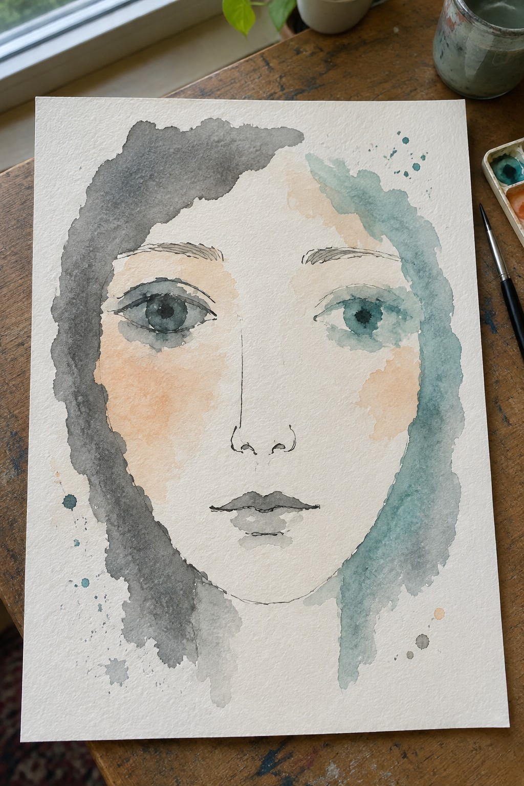 Watercolor portrait of a woman's face with teal eyes amid paint supplies on wood