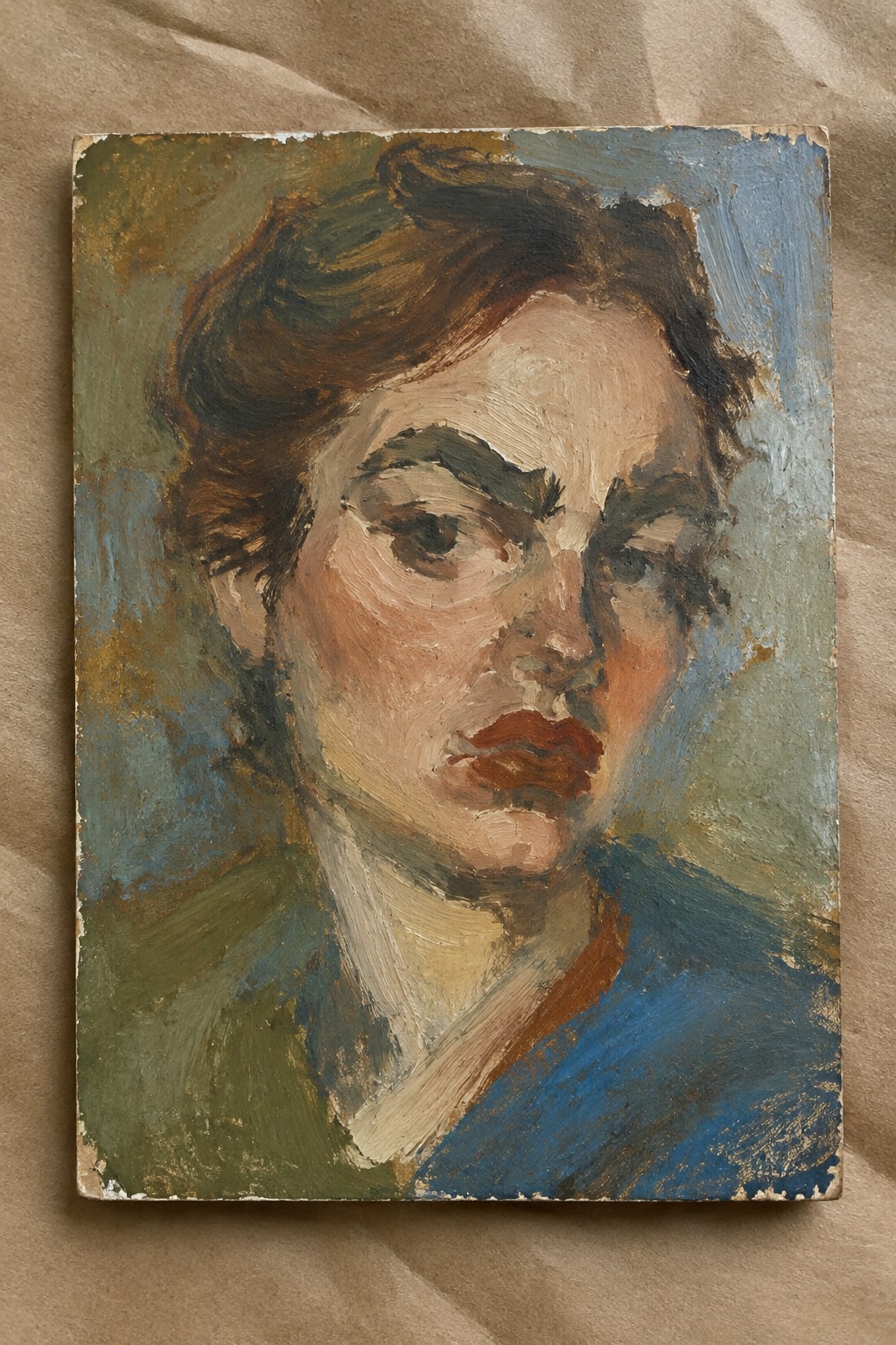 Oil painting portrait of woman with brown hair, blue garment, thick brushstrokes.
