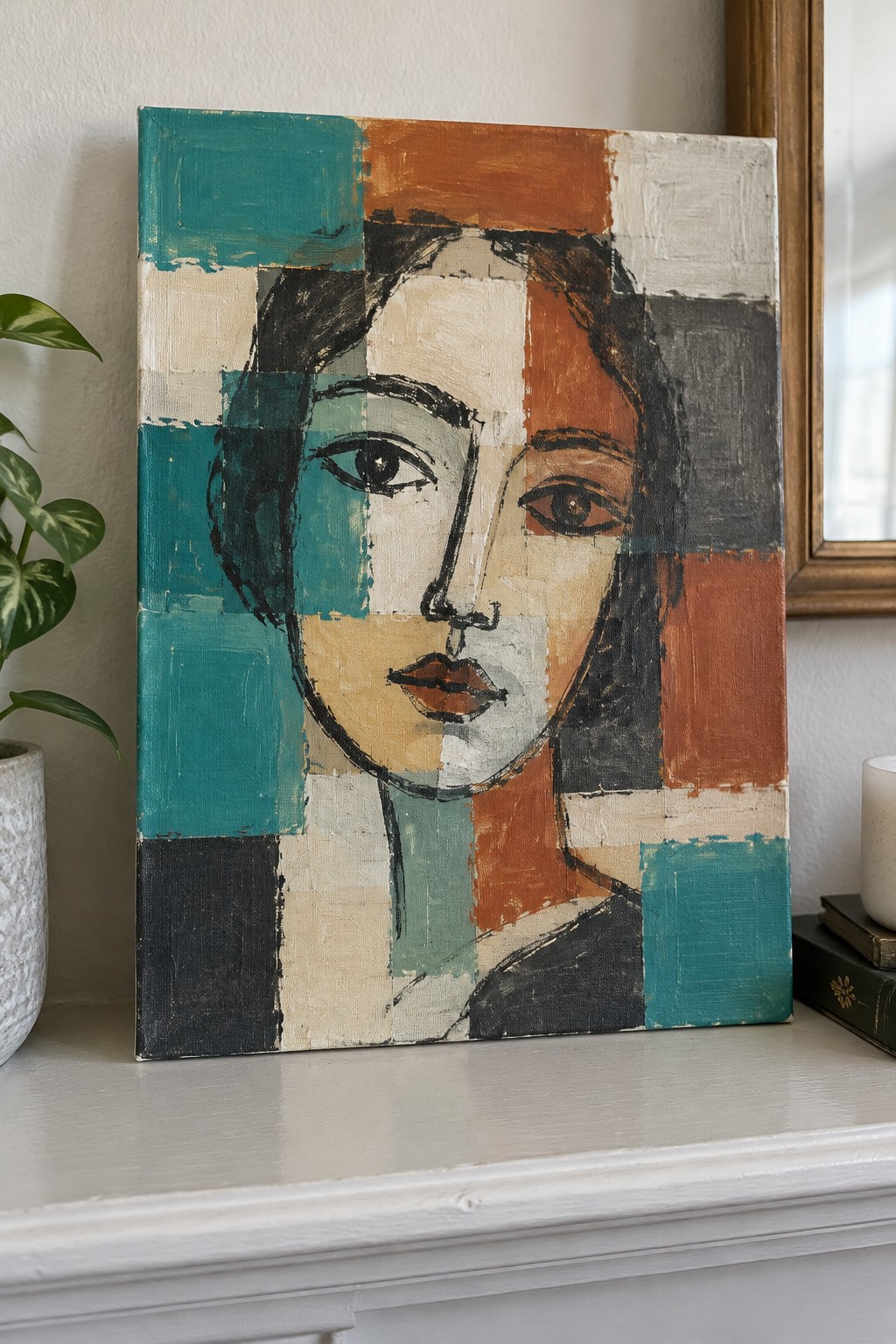 Abstract cubist portrait of woman in teal, orange, black geometric blocks on white mantel
