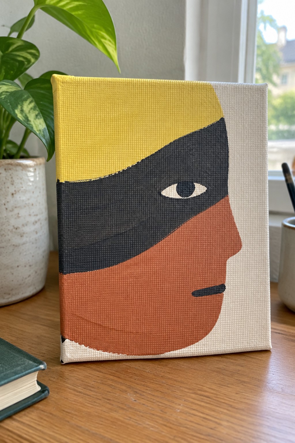 Abstract face painting on canvas beside potted plant on wooden table.