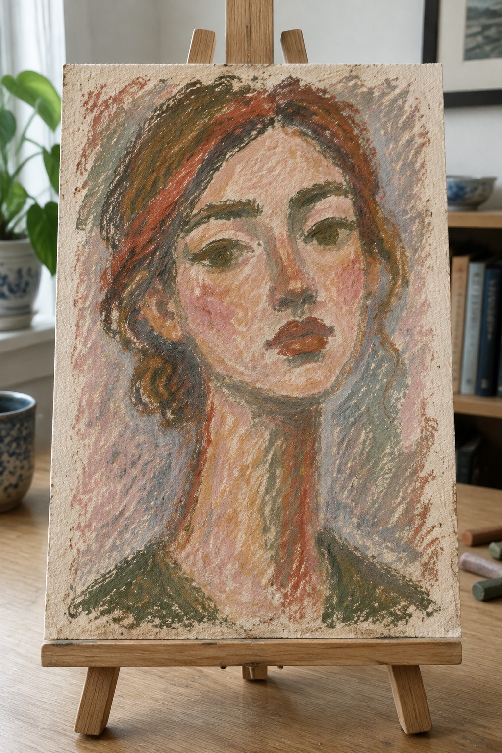 Expressive pastel portrait of a woman with reddish hair on a wooden easel