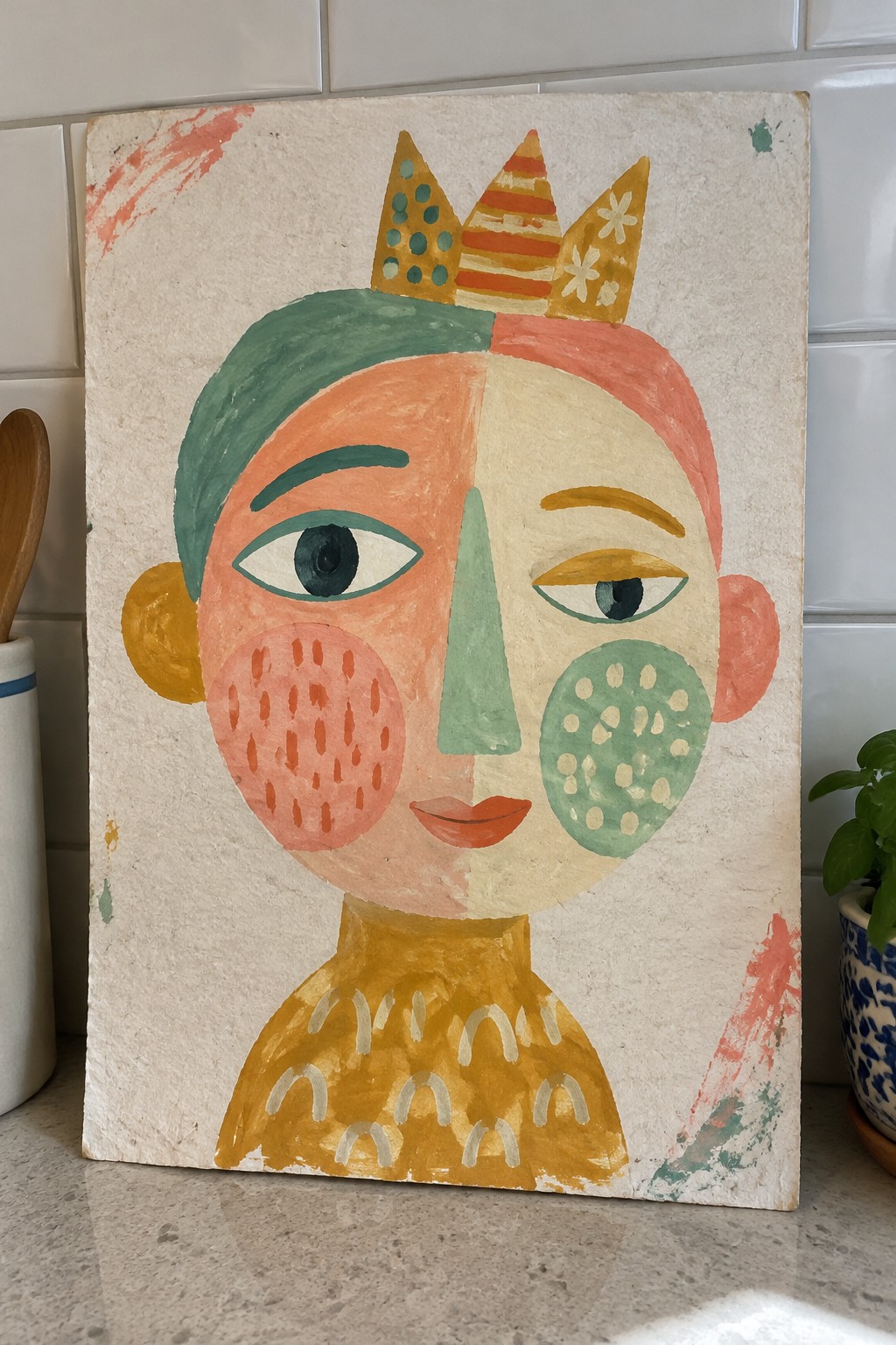 Colorful abstract portrait of crowned face with patterned cheeks and yellow top