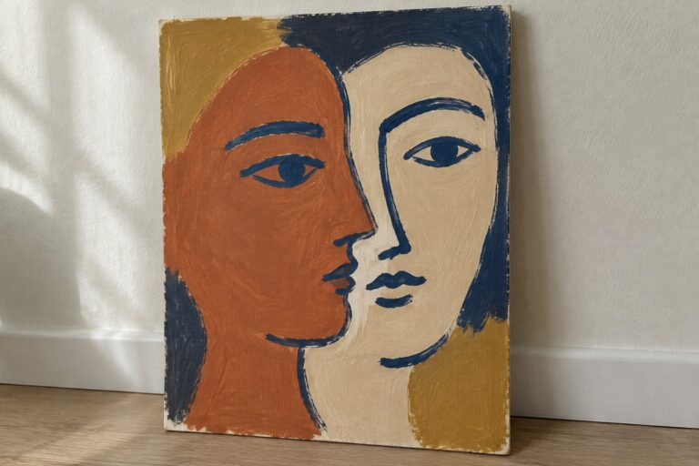 Abstract painting of two profile faces touching, in orange, blue, beige and yellow.