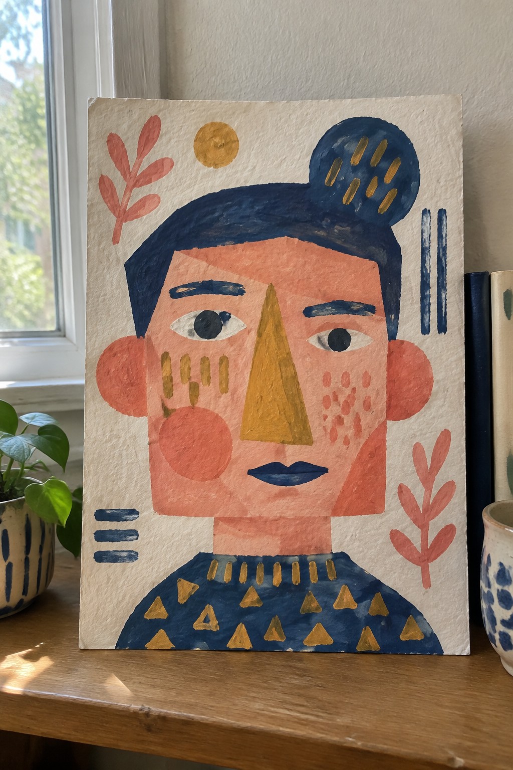 Abstract colorful portrait of face with blue bun, orange skin, and patterned sweater on wood