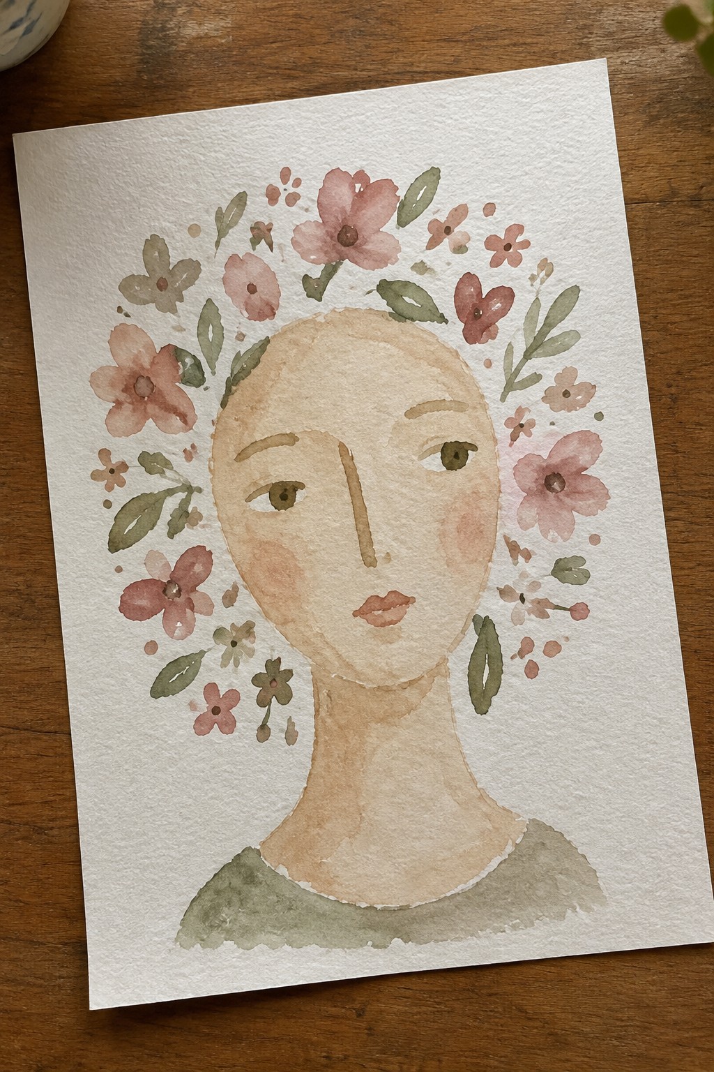Watercolor portrait of a woman with pink flowers and green leaves framing her face.