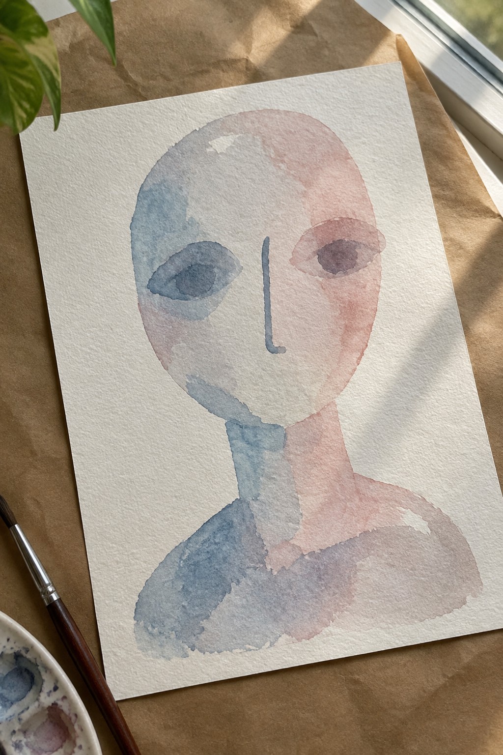 Watercolor abstract face in blue and pink tones beside paintbrush and palette