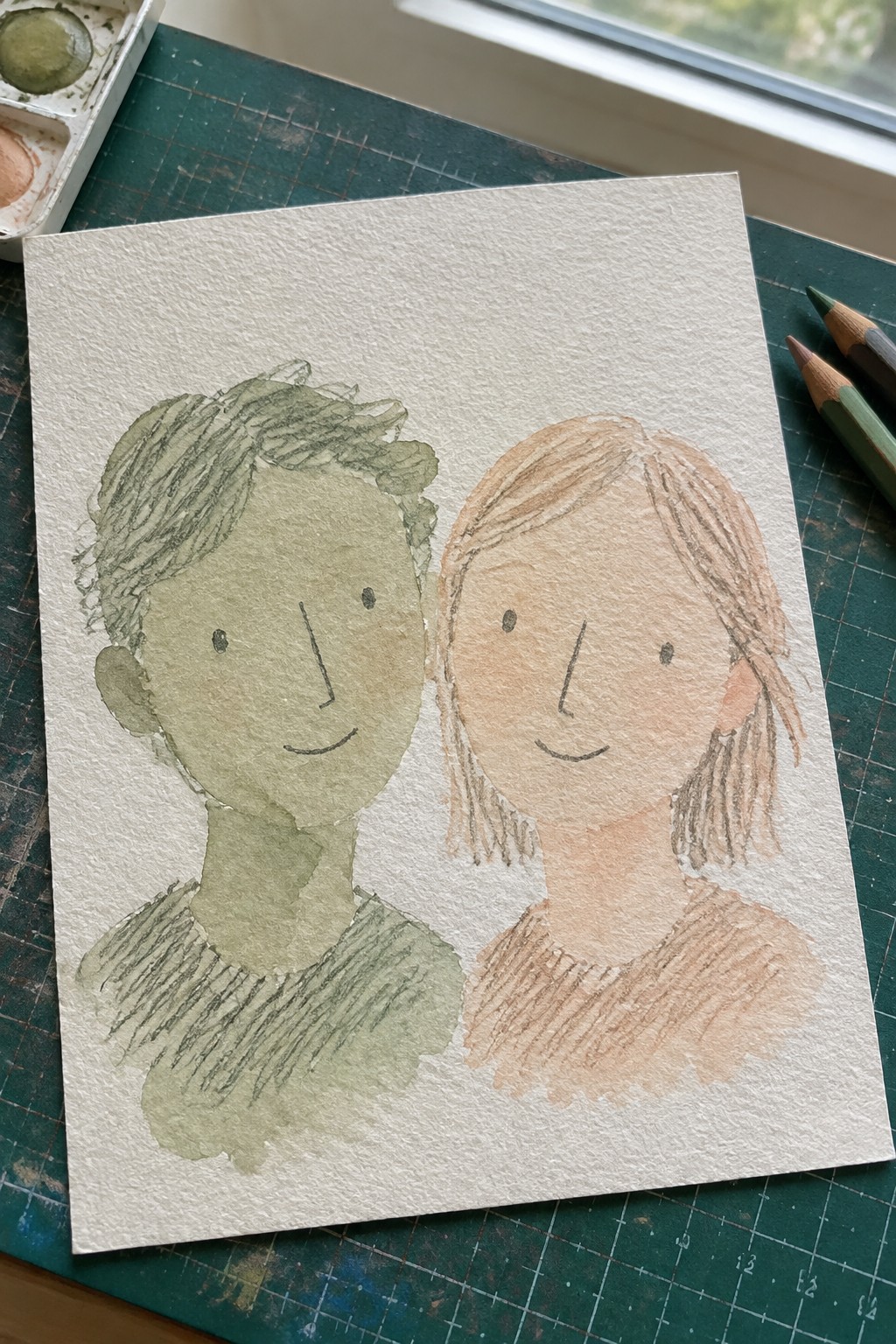 Watercolor sketch of green-toned man and peach-toned woman on paper with art supplies