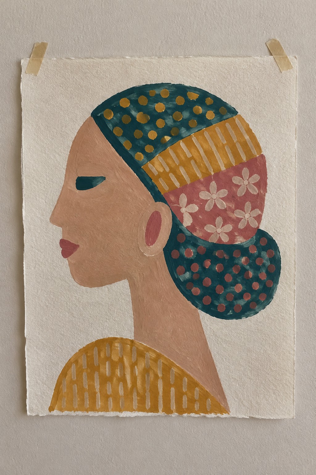 Stylized profile of a woman in a vibrant patterned headscarf and yellow top