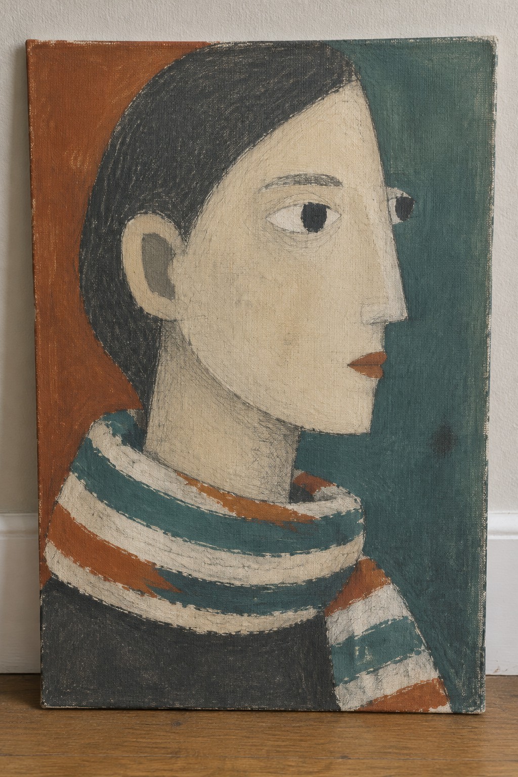 Abstract portrait of a figure in profile with short dark hair and striped scarf.