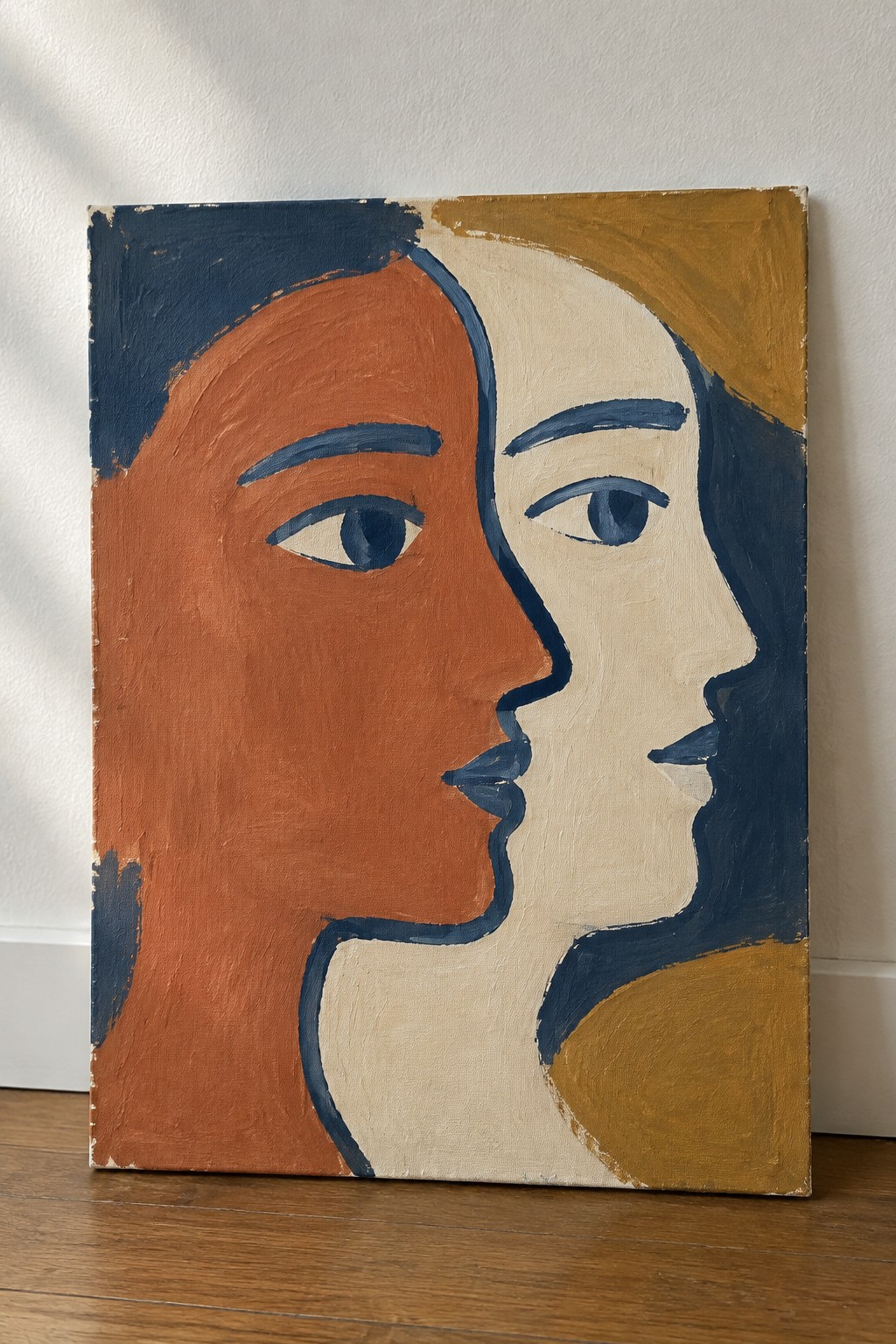 Abstract painting of two profile faces touching, in orange, blue, beige and yellow.