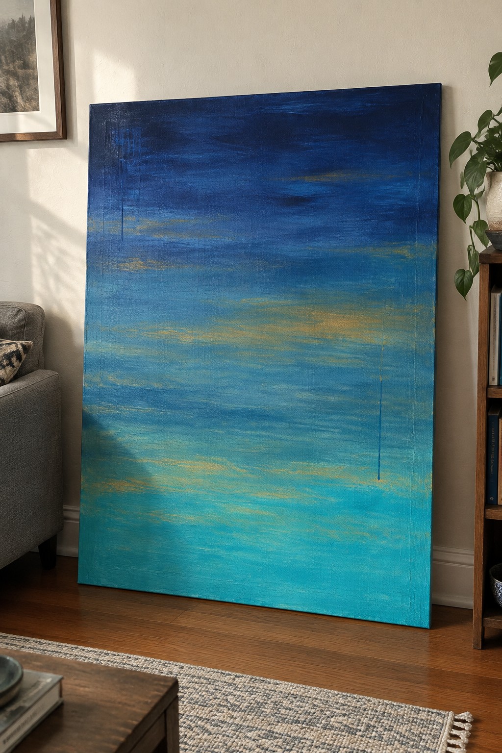 Large abstract painting with blue-to-turquoise gradient leaning against living room wall